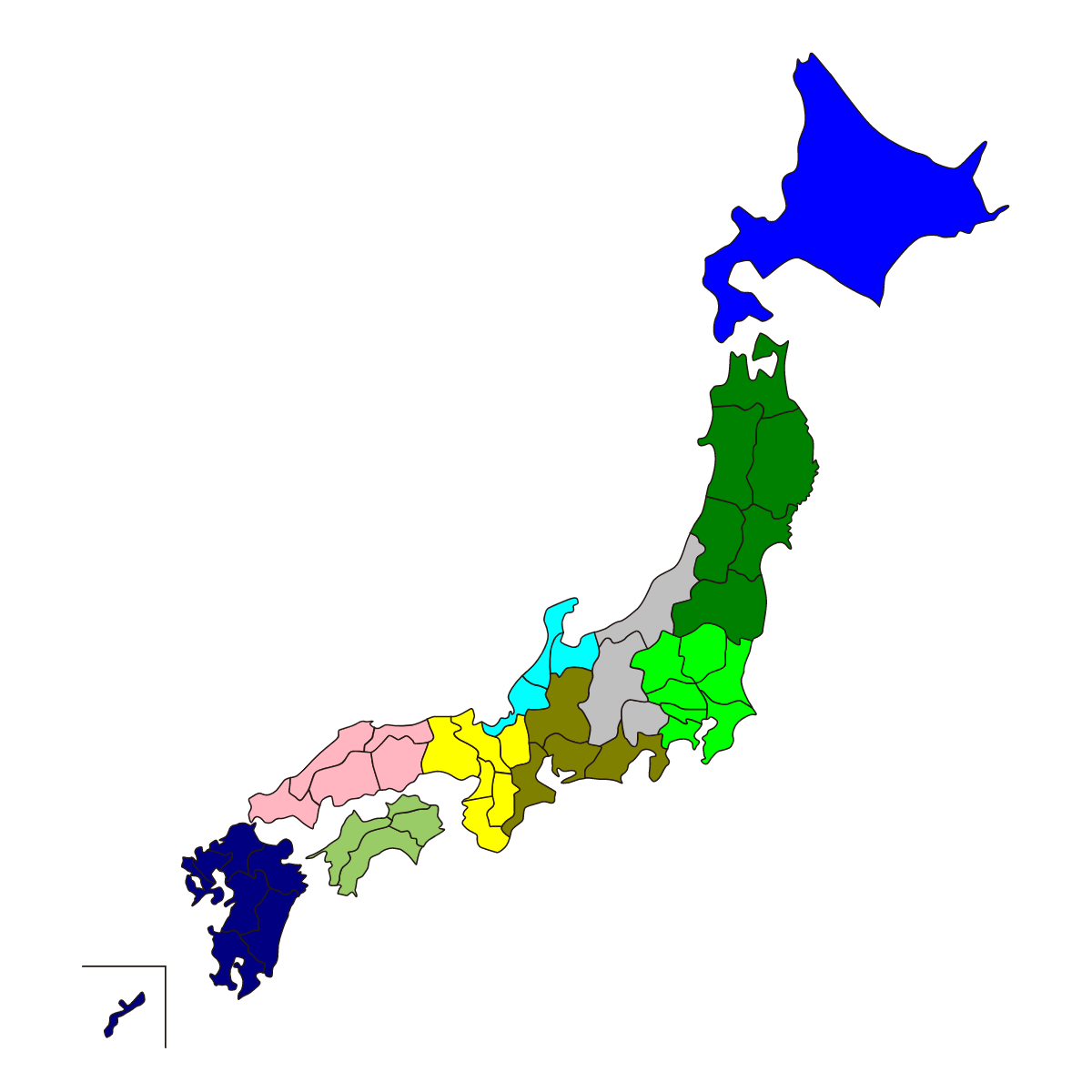 日本地図地区ごと色塗り